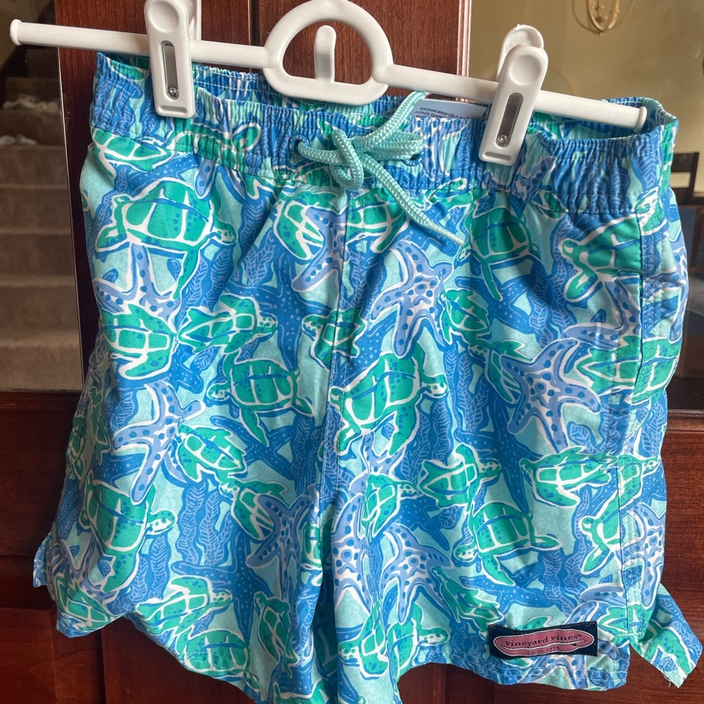 Vineyard Vines Boys Swim Shorts with Sea Turtle Print in Blue & Green